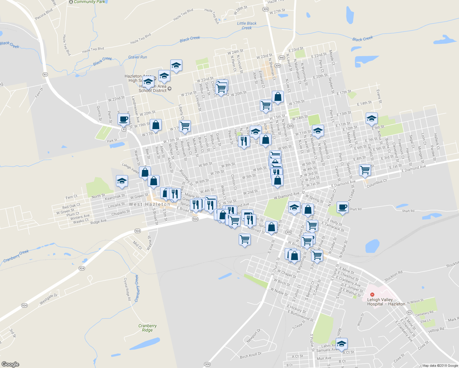map of restaurants, bars, coffee shops, grocery stores, and more near 587 Grant Street in Hazleton