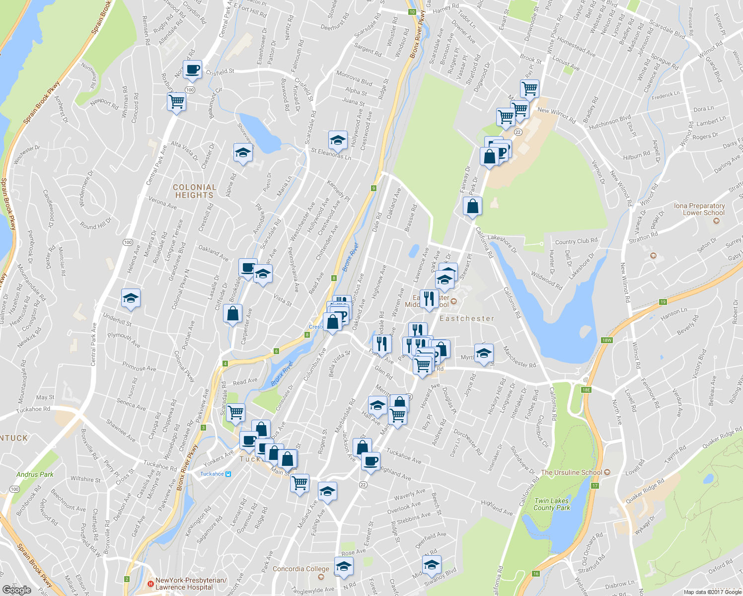 map of restaurants, bars, coffee shops, grocery stores, and more near 47 Highview Avenue in Tuckahoe
