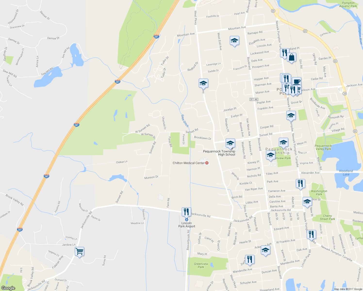 map of restaurants, bars, coffee shops, grocery stores, and more near 67 Forest Drive in Pequannock Township