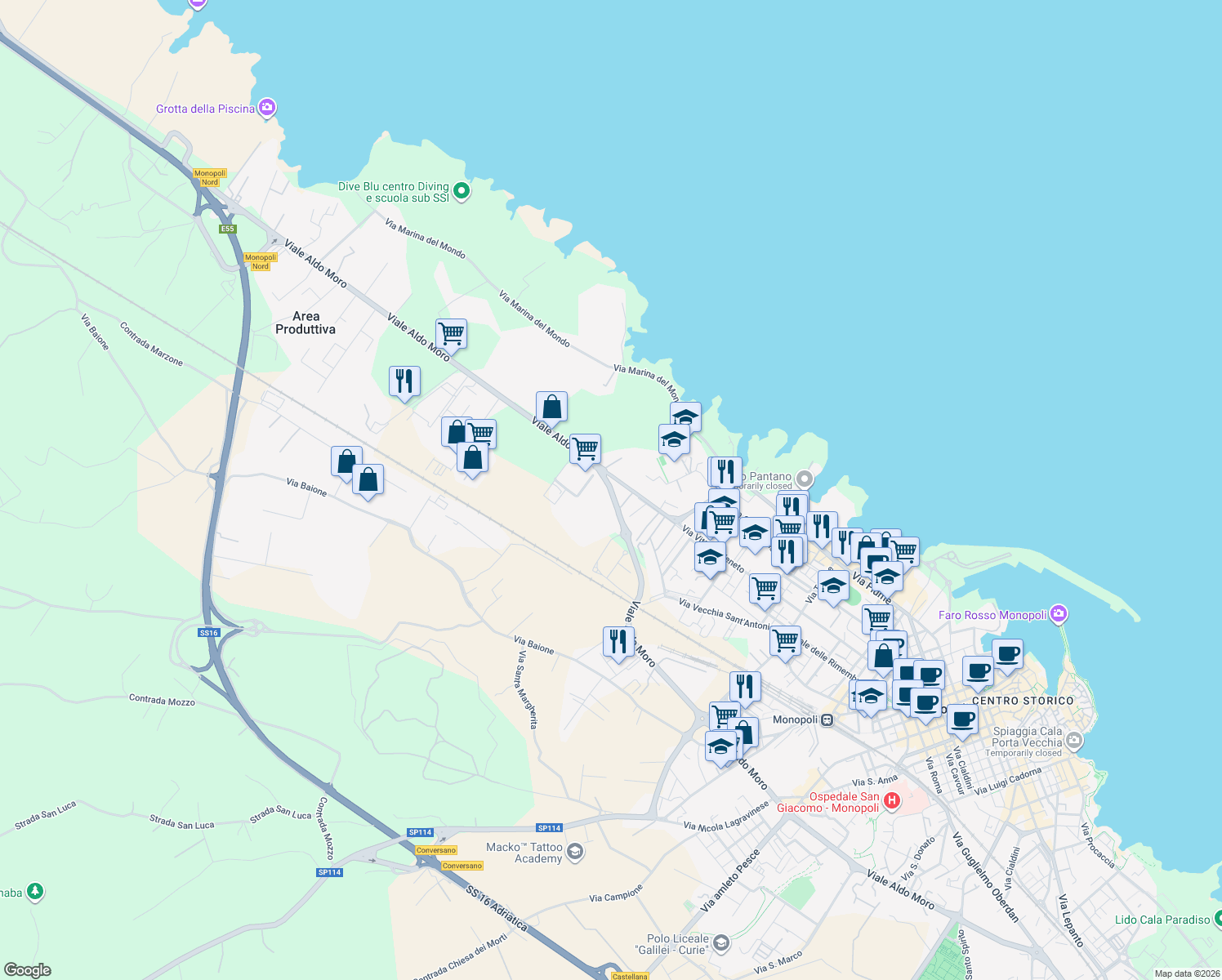 map of restaurants, bars, coffee shops, grocery stores, and more near 315 Via Vittorio Veneto in Monopoli