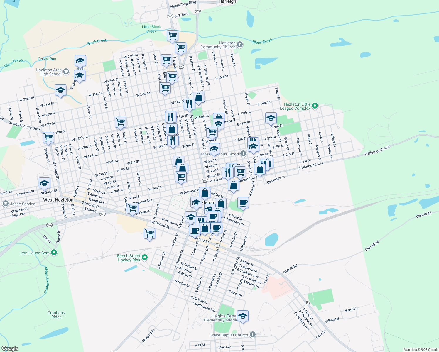 map of restaurants, bars, coffee shops, grocery stores, and more near 526 North Wyoming Street in Hazleton