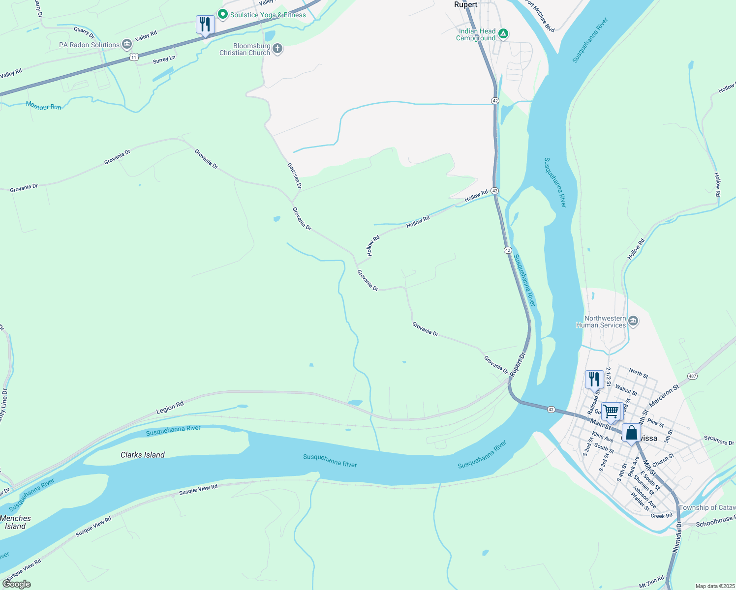 map of restaurants, bars, coffee shops, grocery stores, and more near 268 Grovania Drive in Bloomsburg
