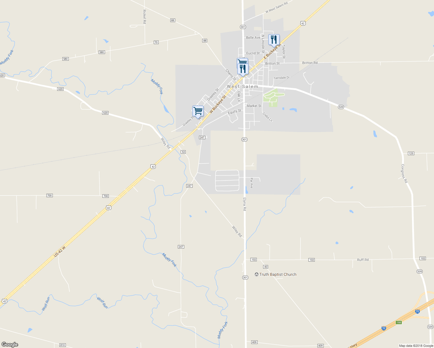 map of restaurants, bars, coffee shops, grocery stores, and more near 360 South Main Street in West Salem