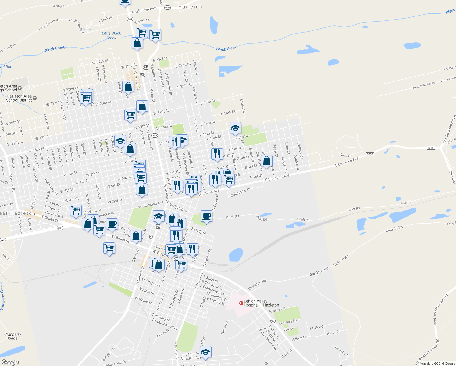 map of restaurants, bars, coffee shops, grocery stores, and more near 340 East 1st Street in Hazleton