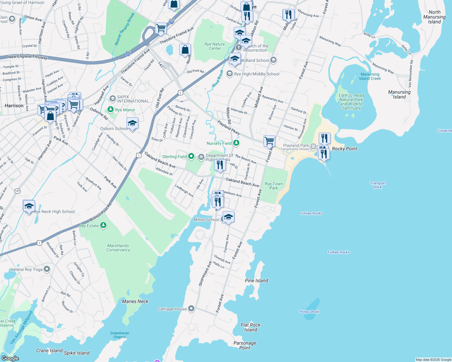 map of restaurants, bars, coffee shops, grocery stores, and more near 306 Oakland Beach Avenue in Rye