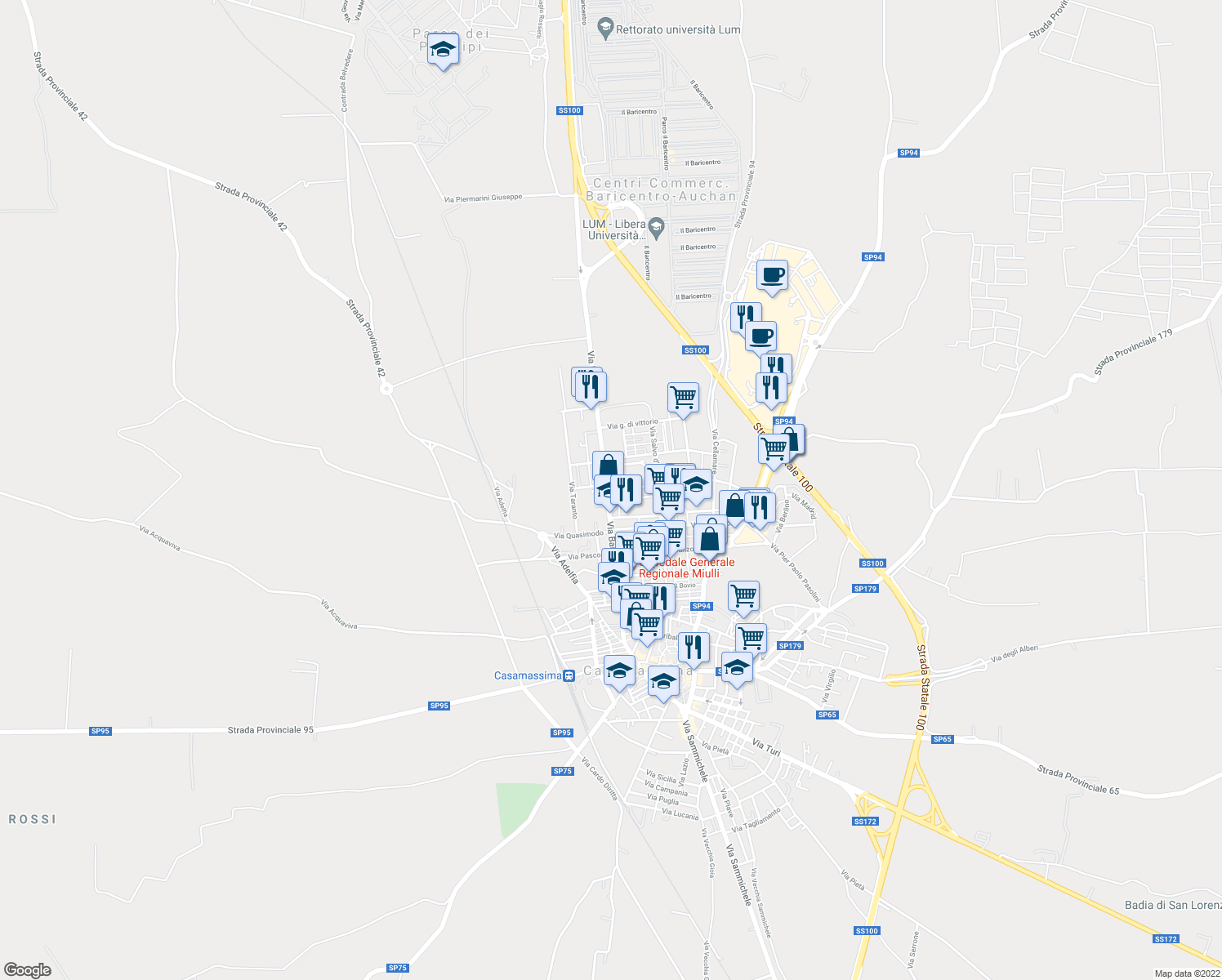 map of restaurants, bars, coffee shops, grocery stores, and more near 29 Via Bari in Casamassima