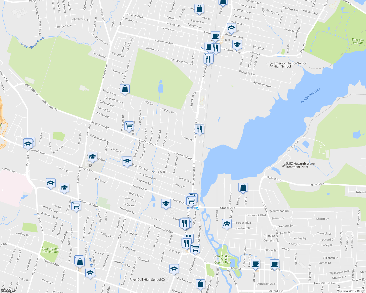 map of restaurants, bars, coffee shops, grocery stores, and more near 701 Neill Court in Oradell