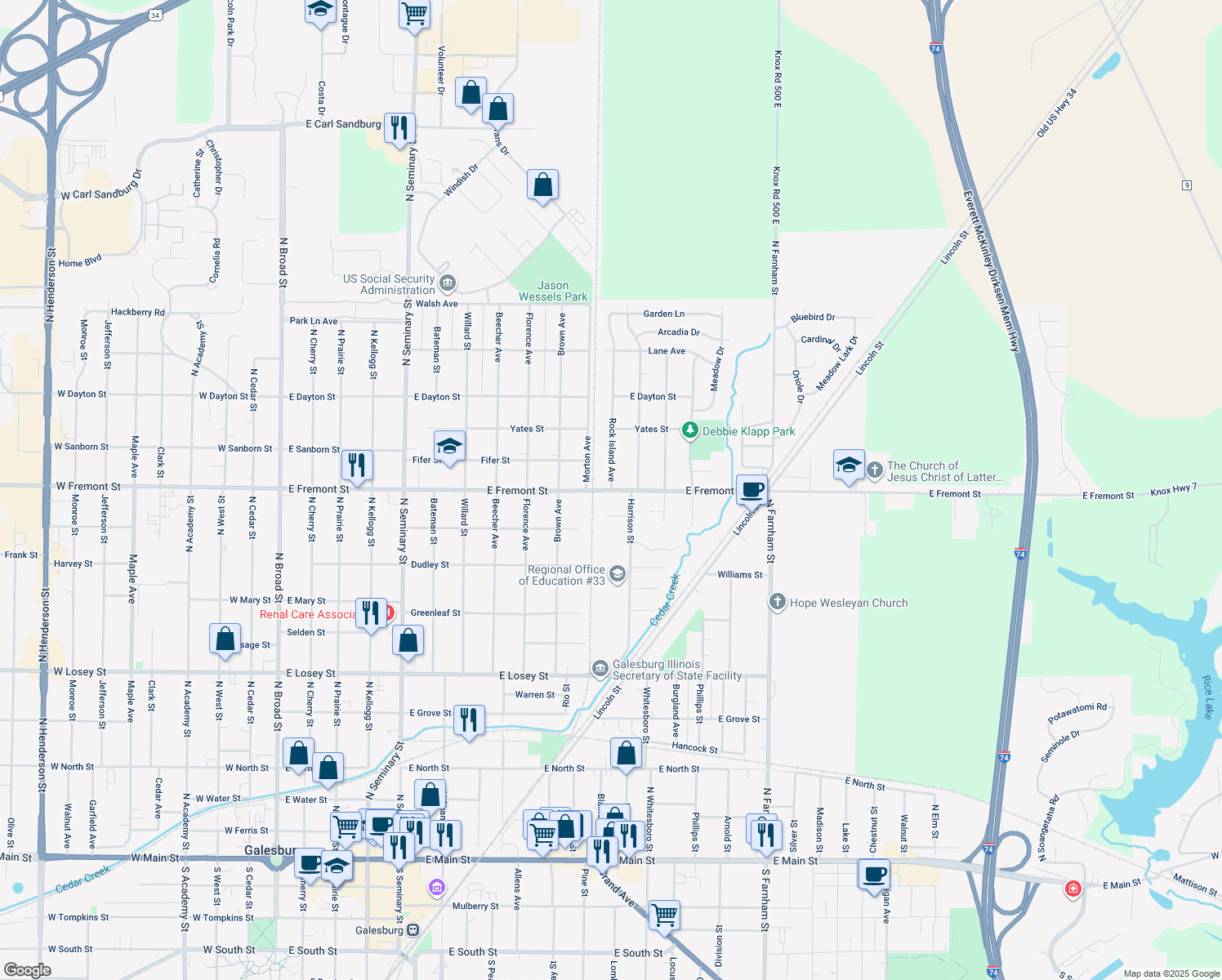 map of restaurants, bars, coffee shops, grocery stores, and more near 1054 E Fremont St in Galesburg