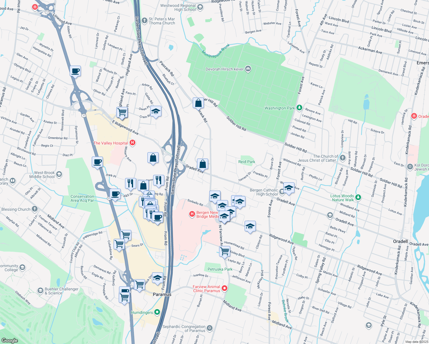 map of restaurants, bars, coffee shops, grocery stores, and more near 243 Oradell Ave in Paramus