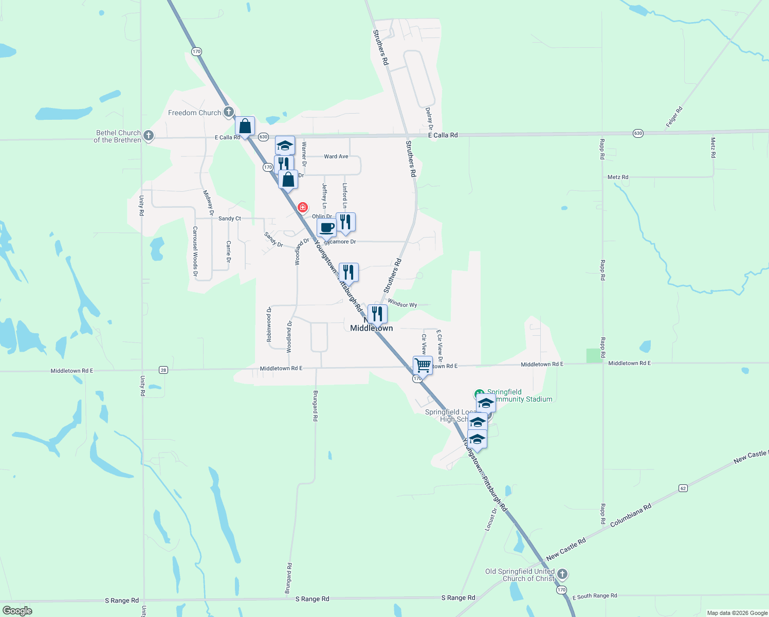 map of restaurants, bars, coffee shops, grocery stores, and more near 10769 Struthers Rd in New Middletown