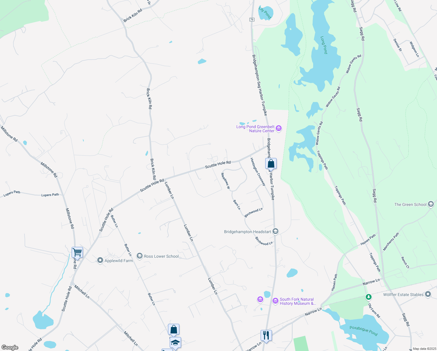 map of restaurants, bars, coffee shops, grocery stores, and more near 245 Meadows West in Bridgehampton