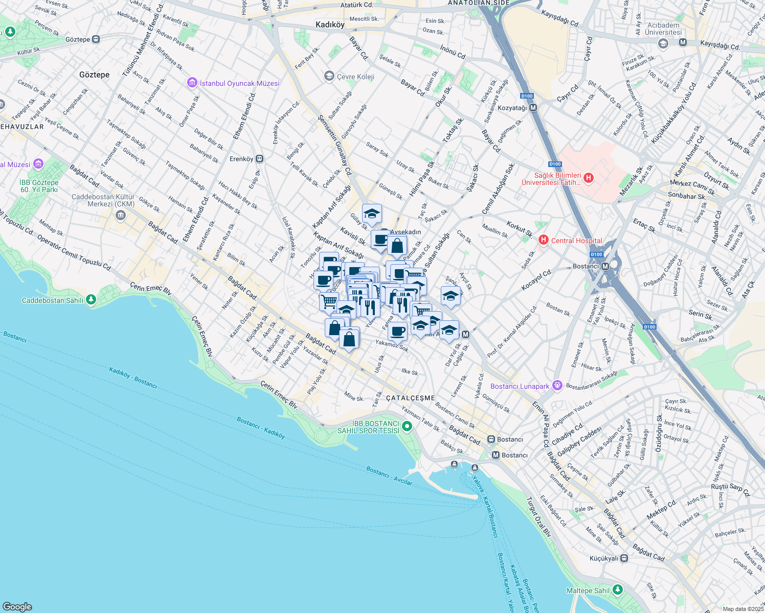map of restaurants, bars, coffee shops, grocery stores, and more near 34 Emin Ali Paşa Caddesi in İstanbul