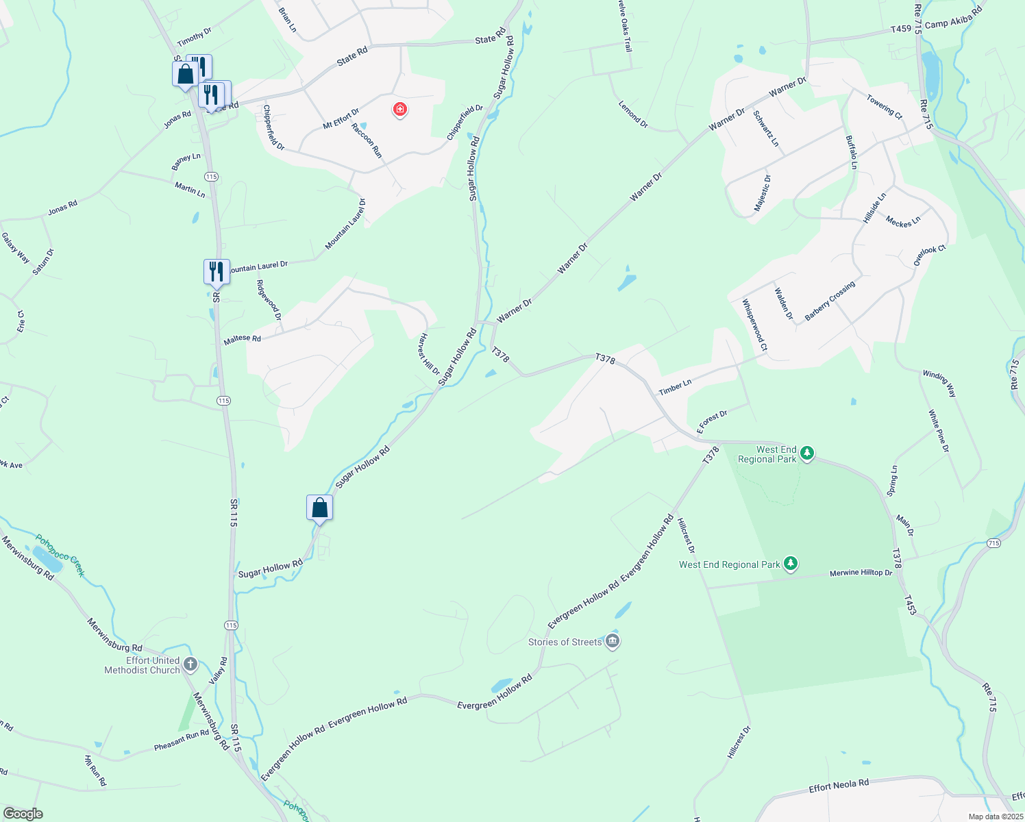 map of restaurants, bars, coffee shops, grocery stores, and more near 121 Old Orchard Drive in Saylorsburg