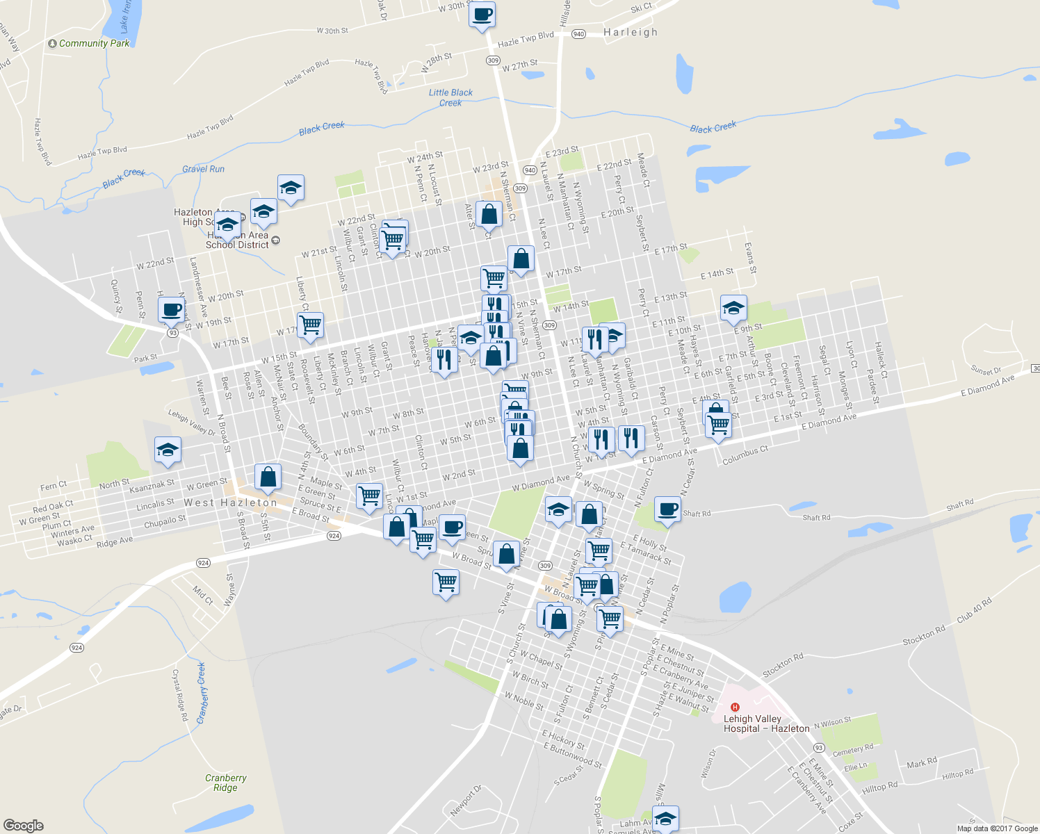map of restaurants, bars, coffee shops, grocery stores, and more near 613 Alter Street in Hazleton
