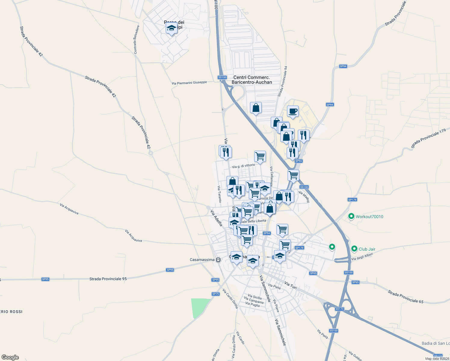 map of restaurants, bars, coffee shops, grocery stores, and more near 22 Via Foggia in Casamassima