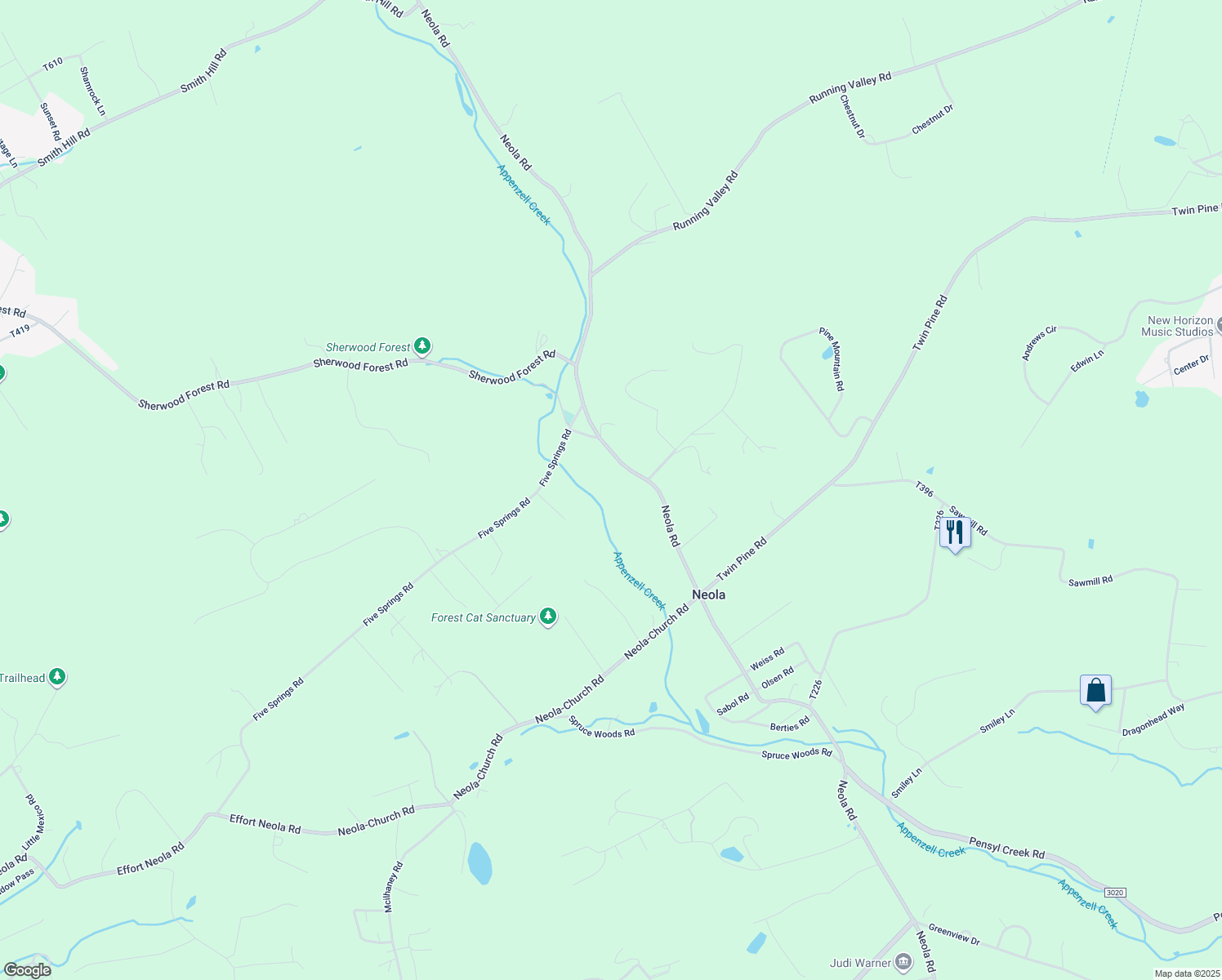map of restaurants, bars, coffee shops, grocery stores, and more near 5703 Neola Road in Stroudsburg