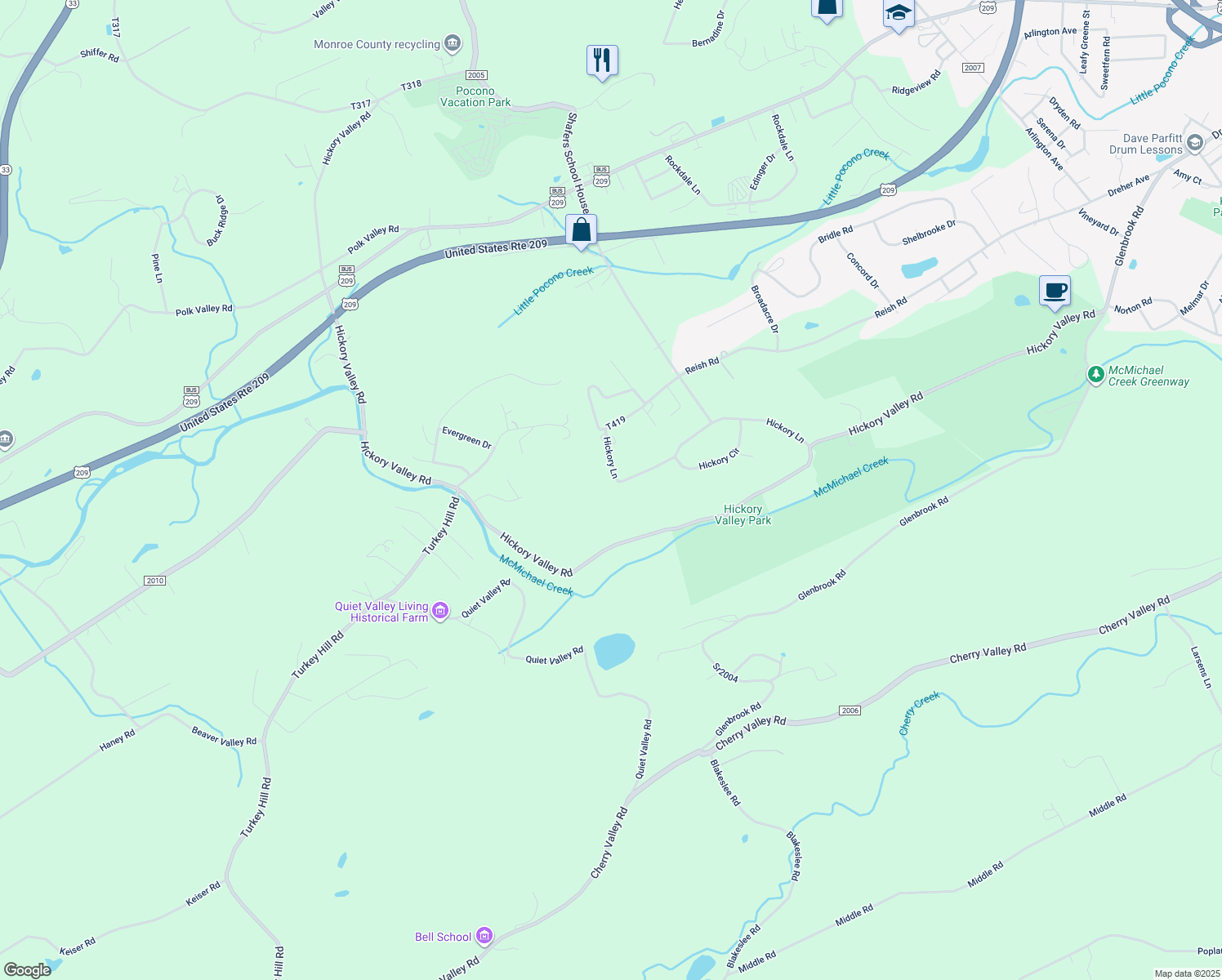 map of restaurants, bars, coffee shops, grocery stores, and more near 7233 Hickory Lane in Stroudsburg