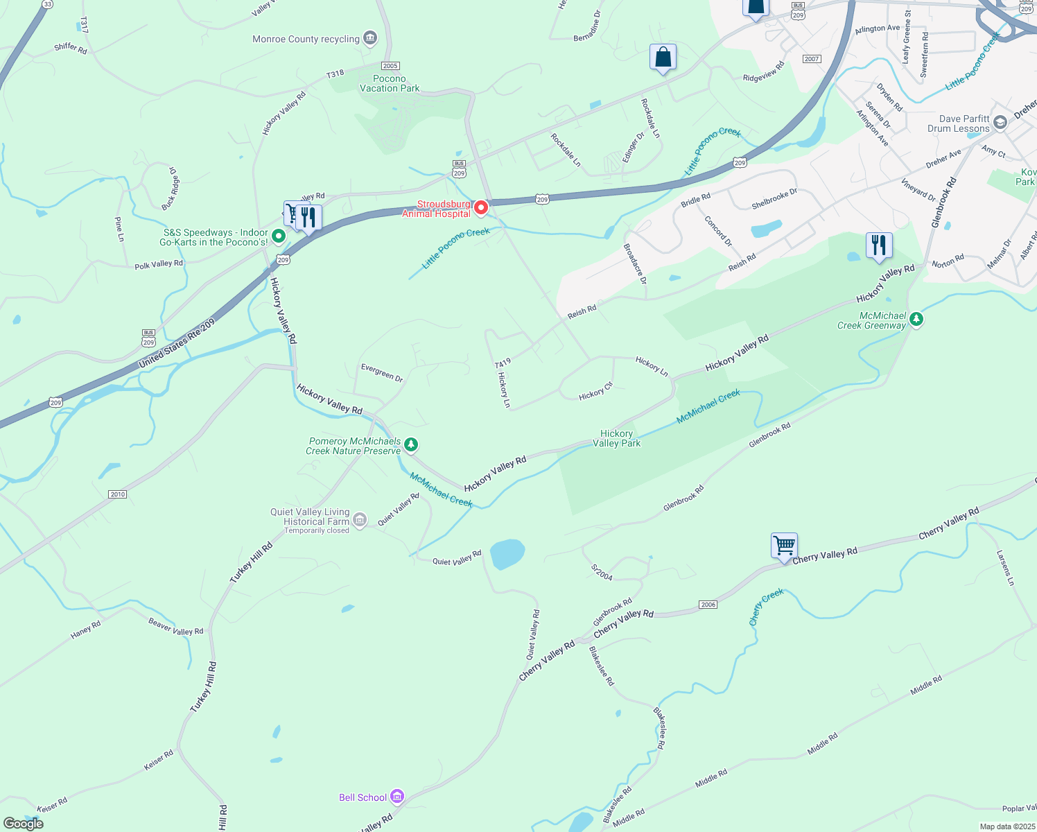 map of restaurants, bars, coffee shops, grocery stores, and more near 7227 Hickory Lane in Stroudsburg