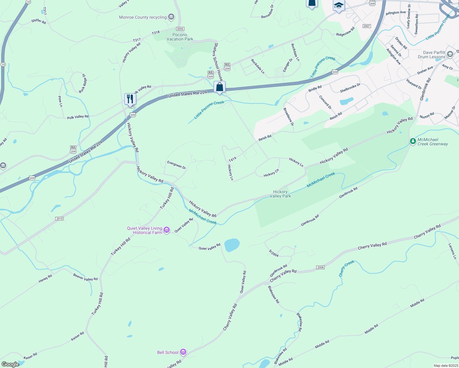 map of restaurants, bars, coffee shops, grocery stores, and more near 7233 Hickory Lane in Stroudsburg