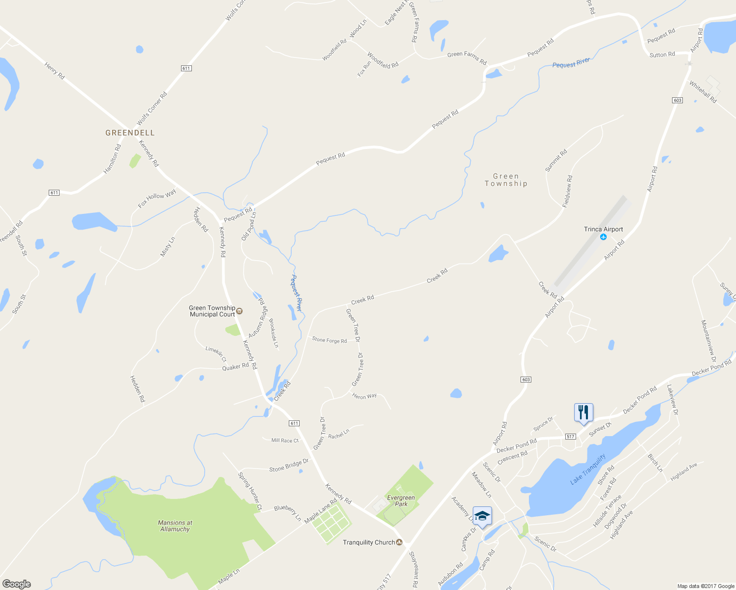 map of restaurants, bars, coffee shops, grocery stores, and more near 75 Creek Road in Green Township