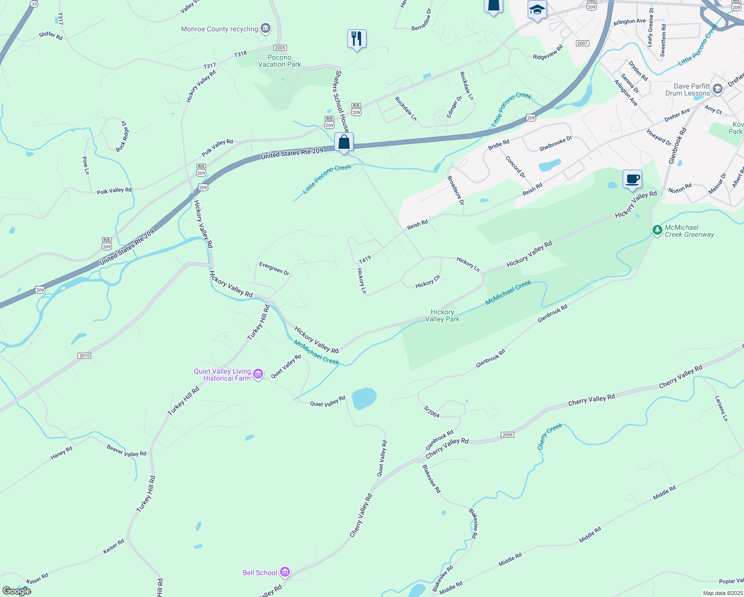 map of restaurants, bars, coffee shops, grocery stores, and more near 7227 Hickory Lane in Stroudsburg