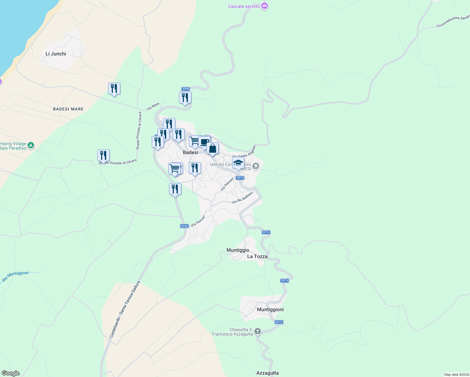 map of restaurants, bars, coffee shops, grocery stores, and more near 7 Via Li Casi D'Ignò in Badesi