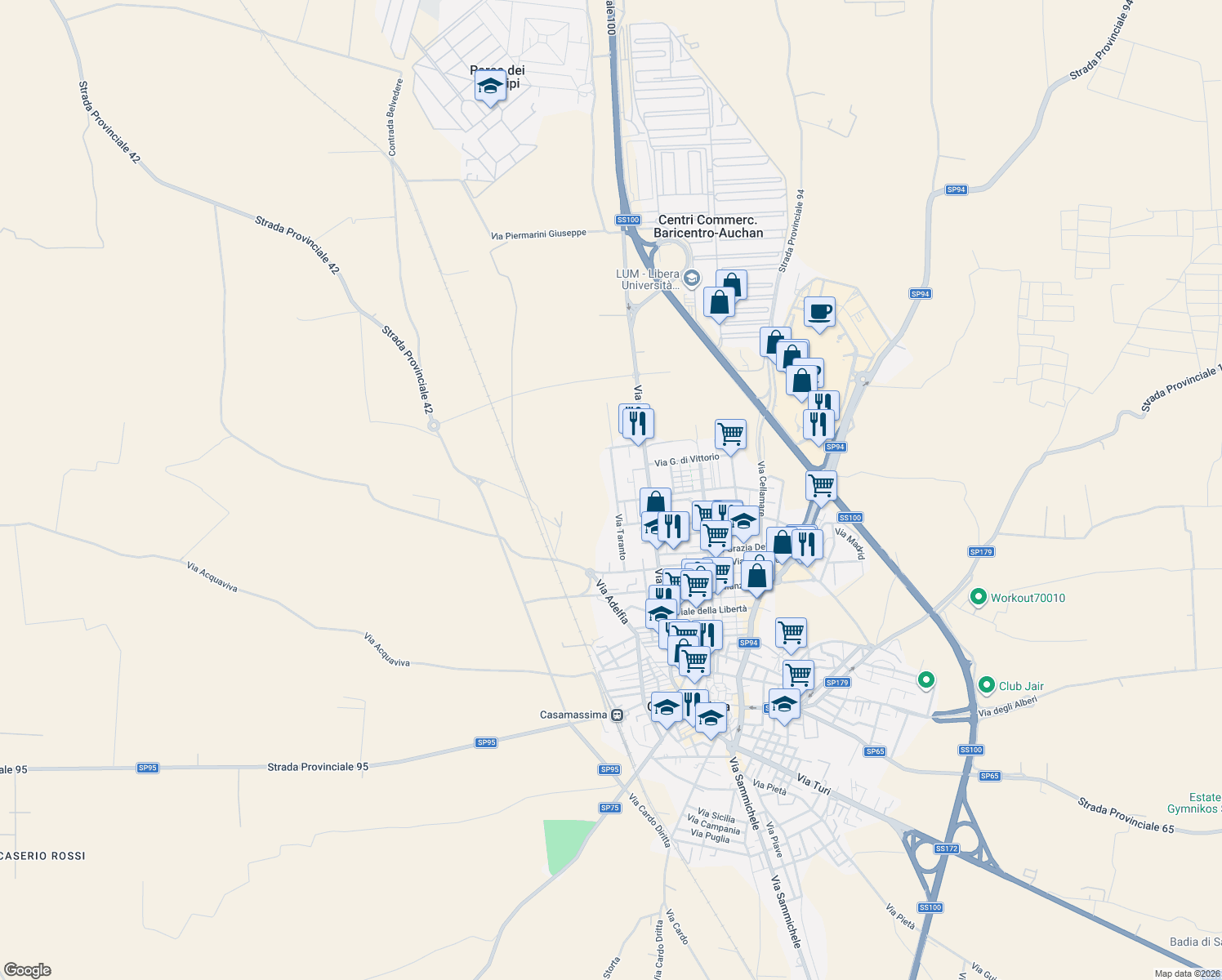 map of restaurants, bars, coffee shops, grocery stores, and more near 13 Via Angelo Michele Pesce in Casamassima