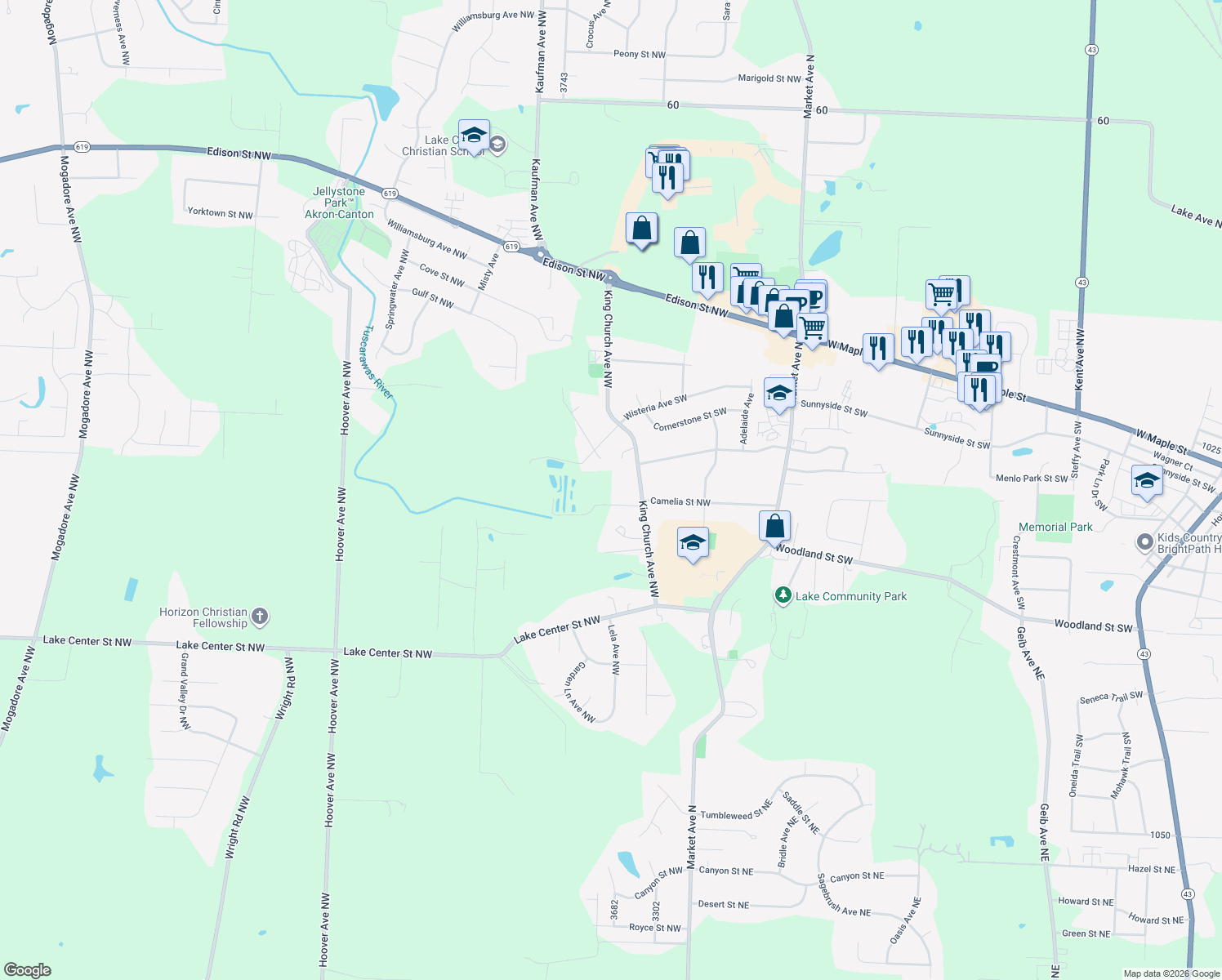 map of restaurants, bars, coffee shops, grocery stores, and more near 12125 King Church Avenue Northwest in Uniontown