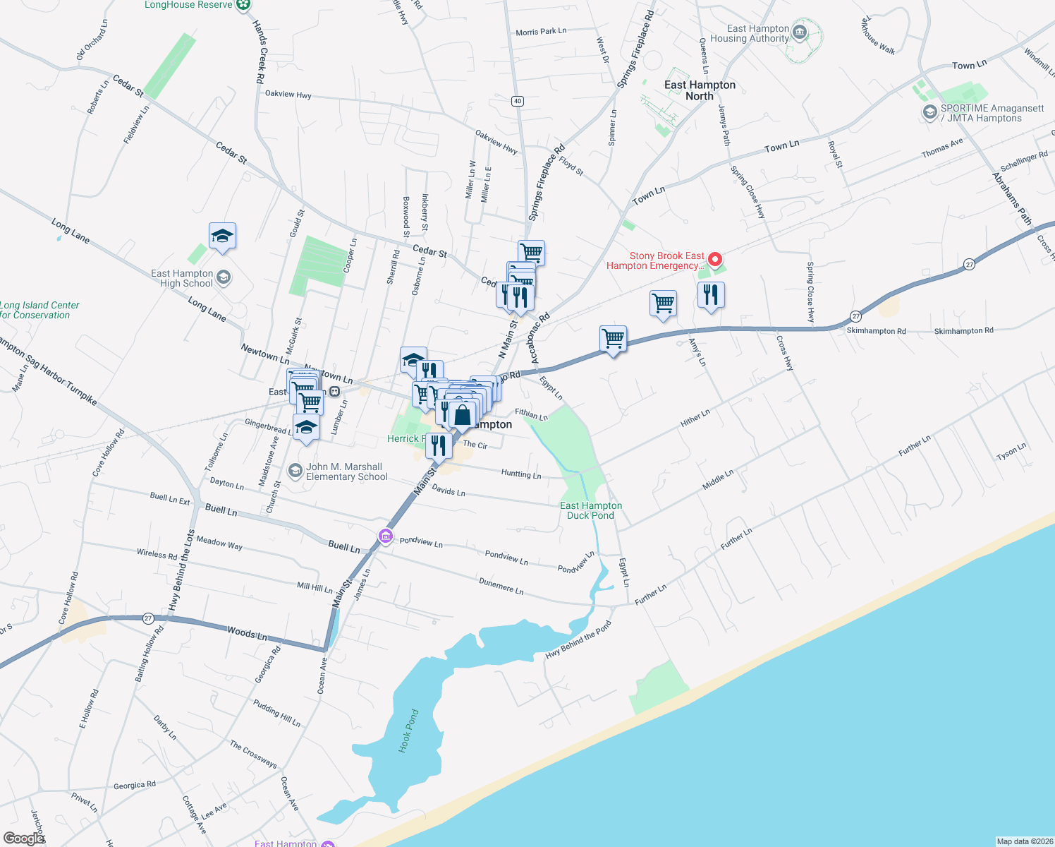 map of restaurants, bars, coffee shops, grocery stores, and more near 31 Fithian Lane in East Hampton