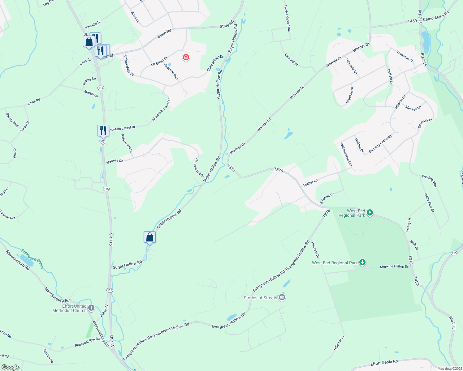 map of restaurants, bars, coffee shops, grocery stores, and more near 121 Old Orchard Drive in Saylorsburg
