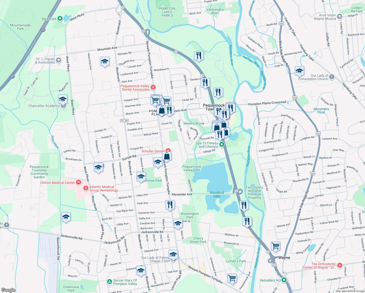 map of restaurants, bars, coffee shops, grocery stores, and more near 44 Village Road in Pequannock Township
