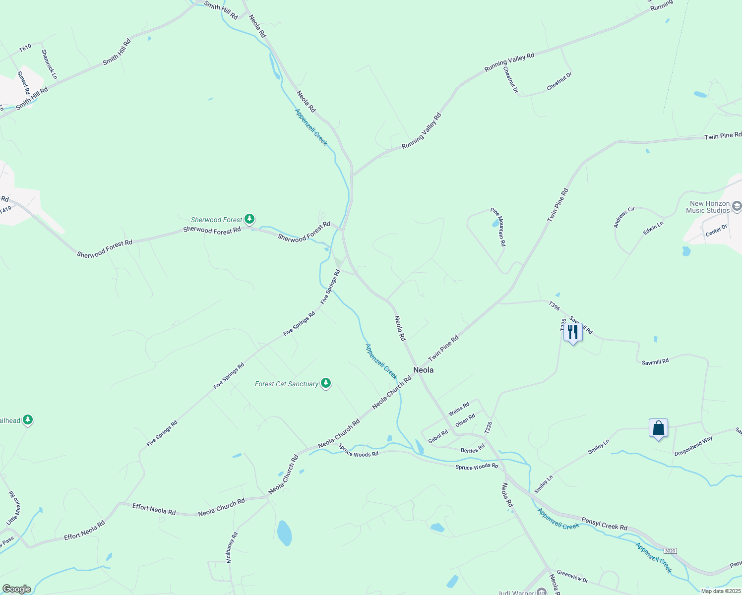 map of restaurants, bars, coffee shops, grocery stores, and more near 5703 Neola Road in Stroudsburg