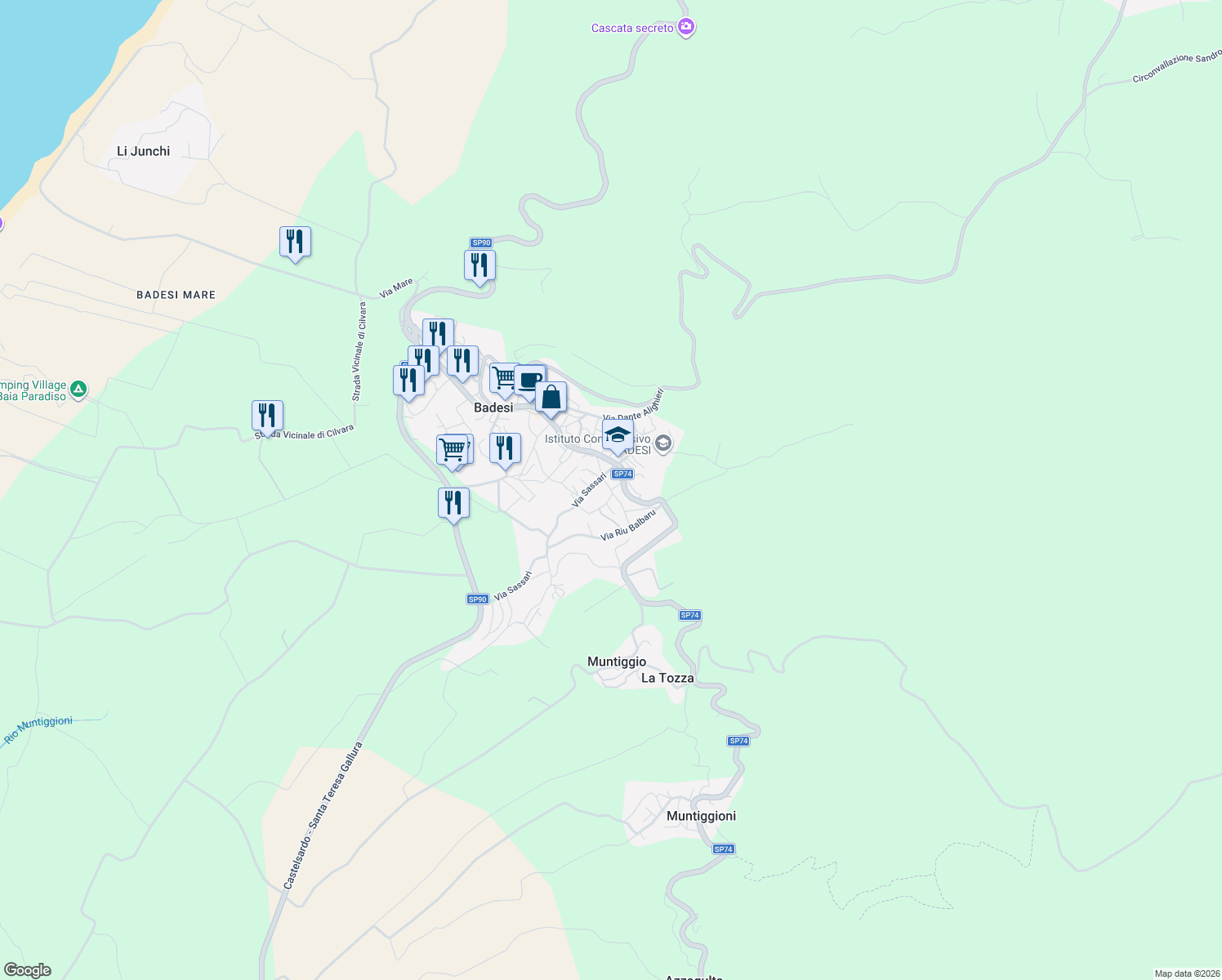 map of restaurants, bars, coffee shops, grocery stores, and more near 7 Via Li Casi D'Ignò in Badesi