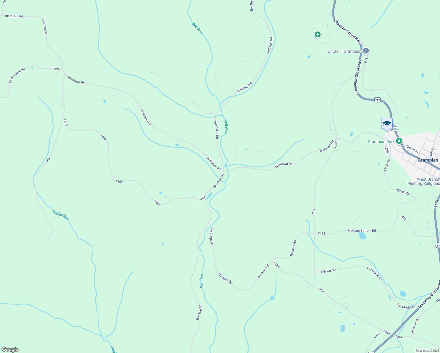 map of restaurants, bars, coffee shops, grocery stores, and more near 2593 Bell Run Road in Grampian