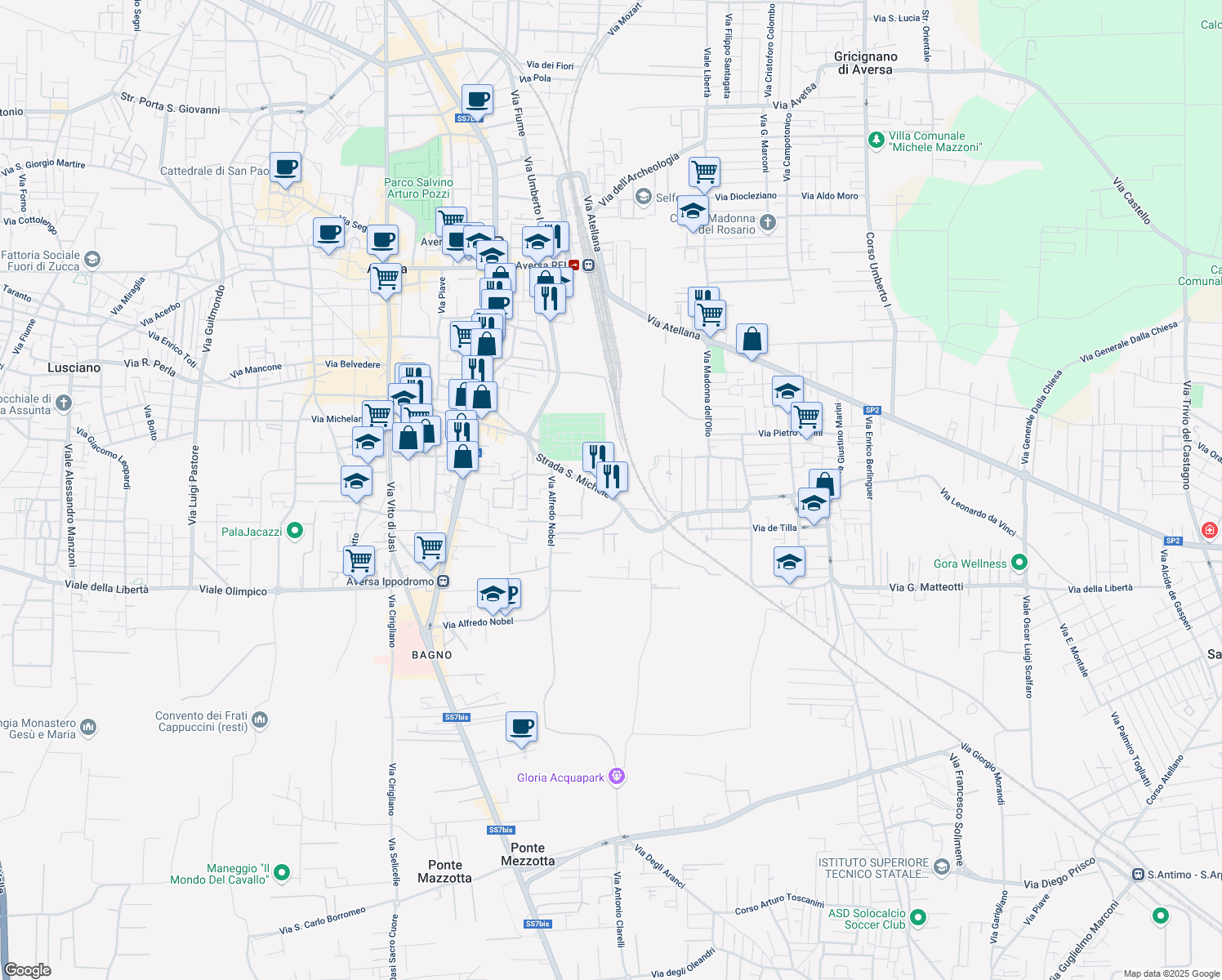 map of restaurants, bars, coffee shops, grocery stores, and more near 9 Strada San Michele in Aversa