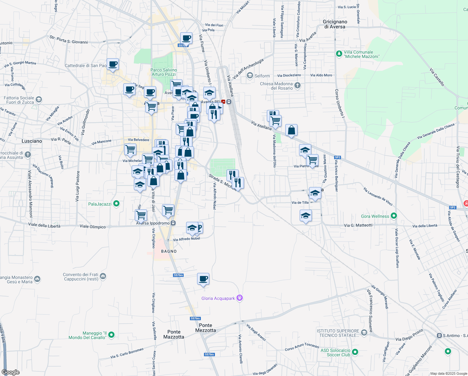 map of restaurants, bars, coffee shops, grocery stores, and more near 9 Strada San Michele in Aversa