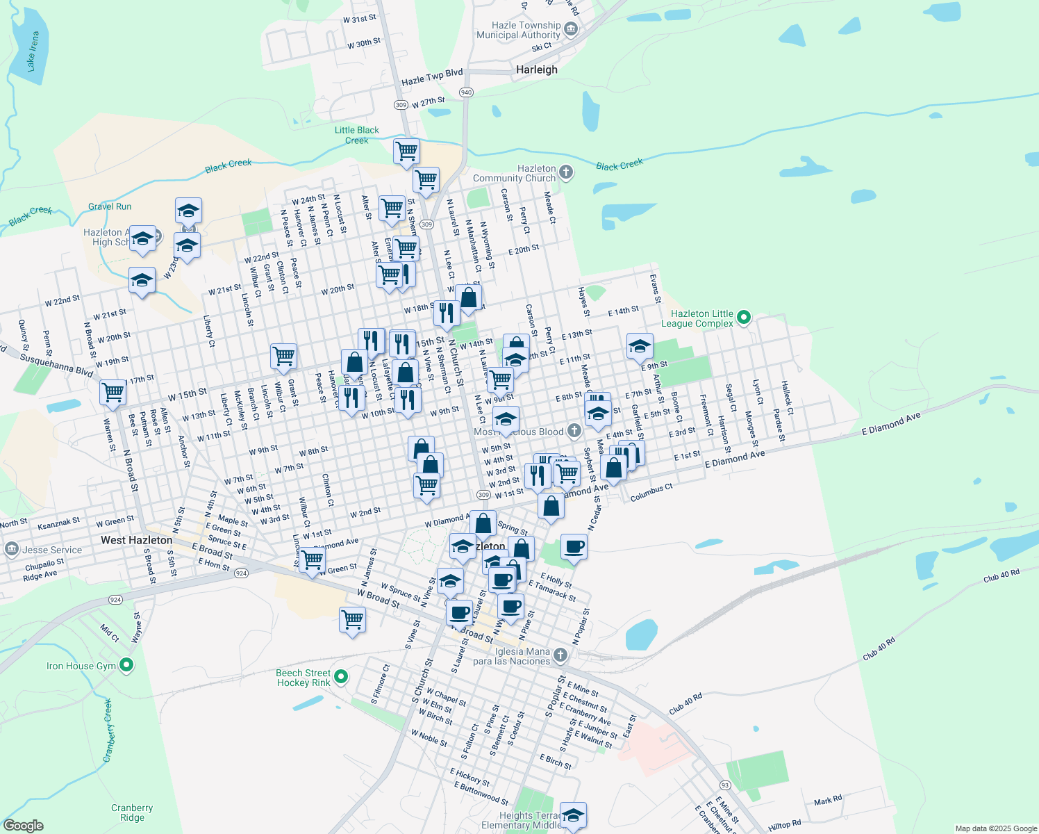 map of restaurants, bars, coffee shops, grocery stores, and more near 652 North Wyoming Street in Hazleton