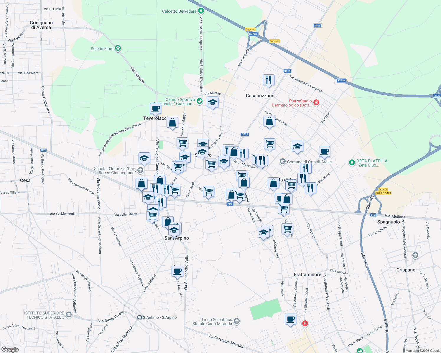 map of restaurants, bars, coffee shops, grocery stores, and more near 37 Via Cesare Augusto in Succivo