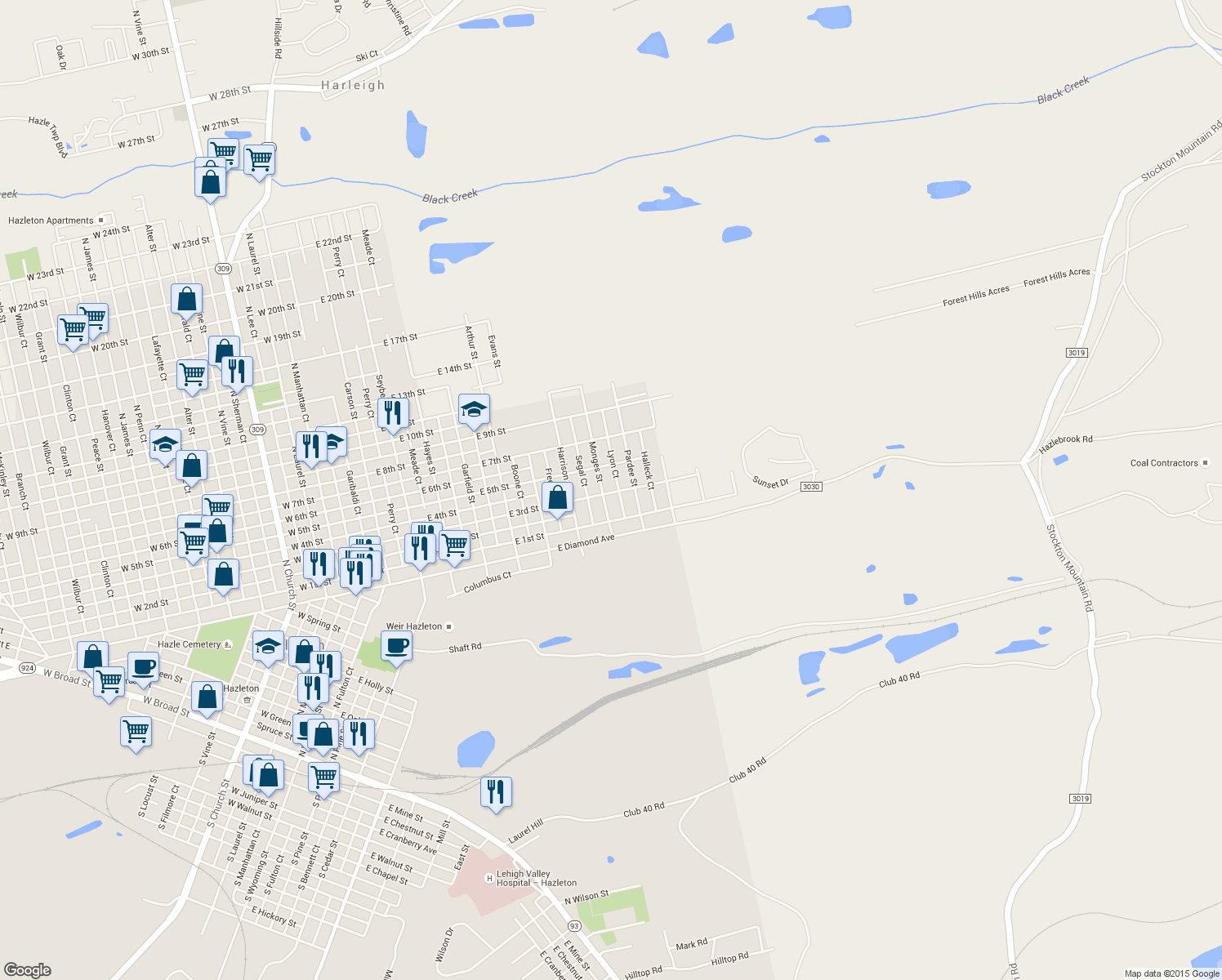 map of restaurants, bars, coffee shops, grocery stores, and more near 590 Pardee Street in Hazleton