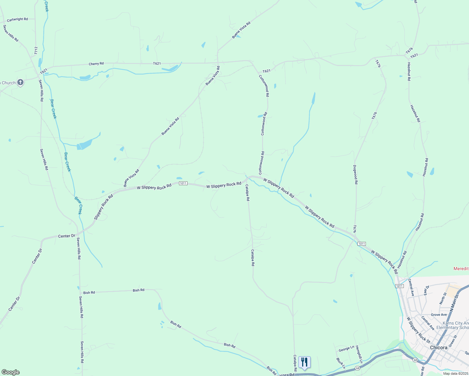 map of restaurants, bars, coffee shops, grocery stores, and more near 622 West Slippery Rock Road in Chicora