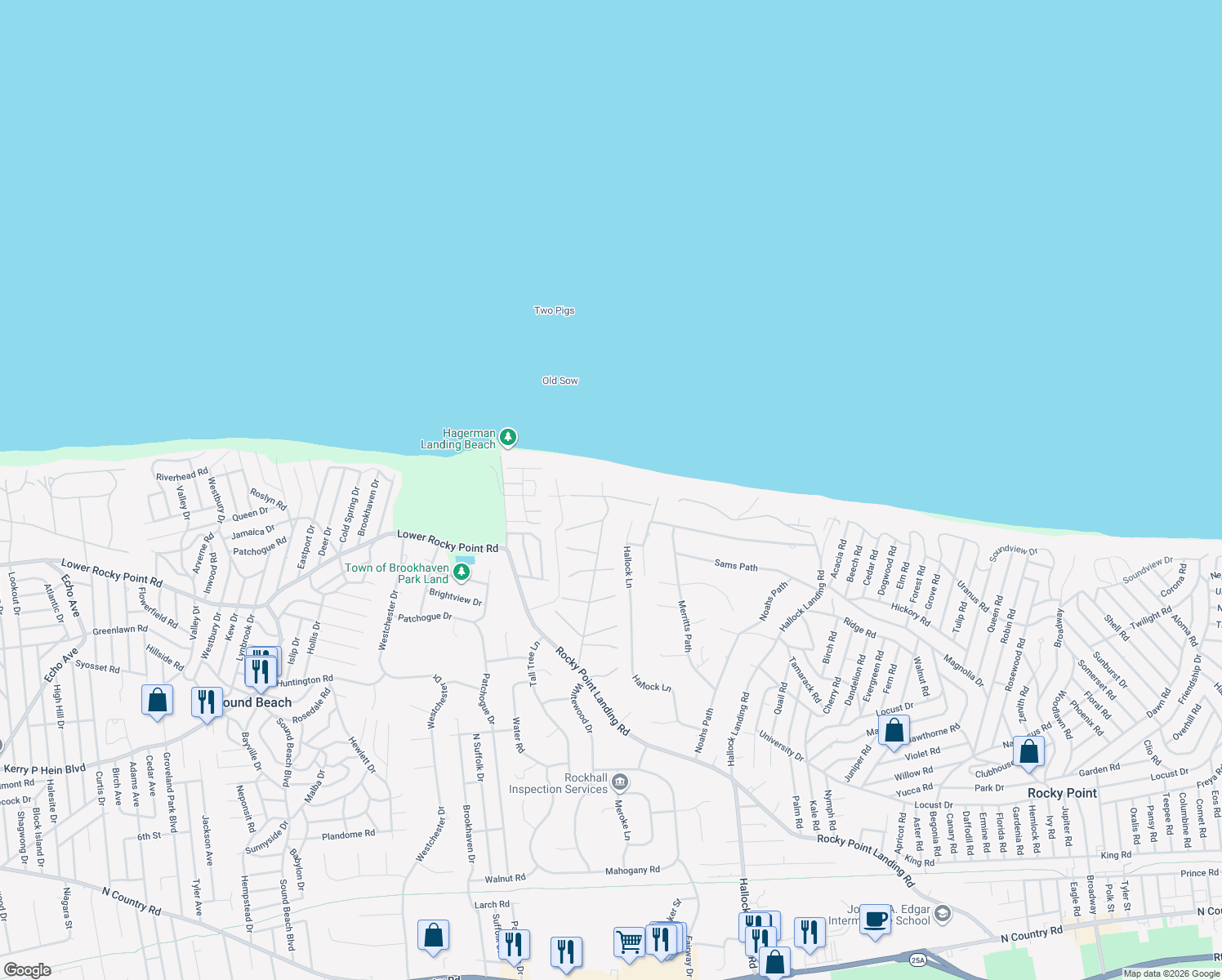 map of restaurants, bars, coffee shops, grocery stores, and more near 1 Wildwood Road in Rocky Point