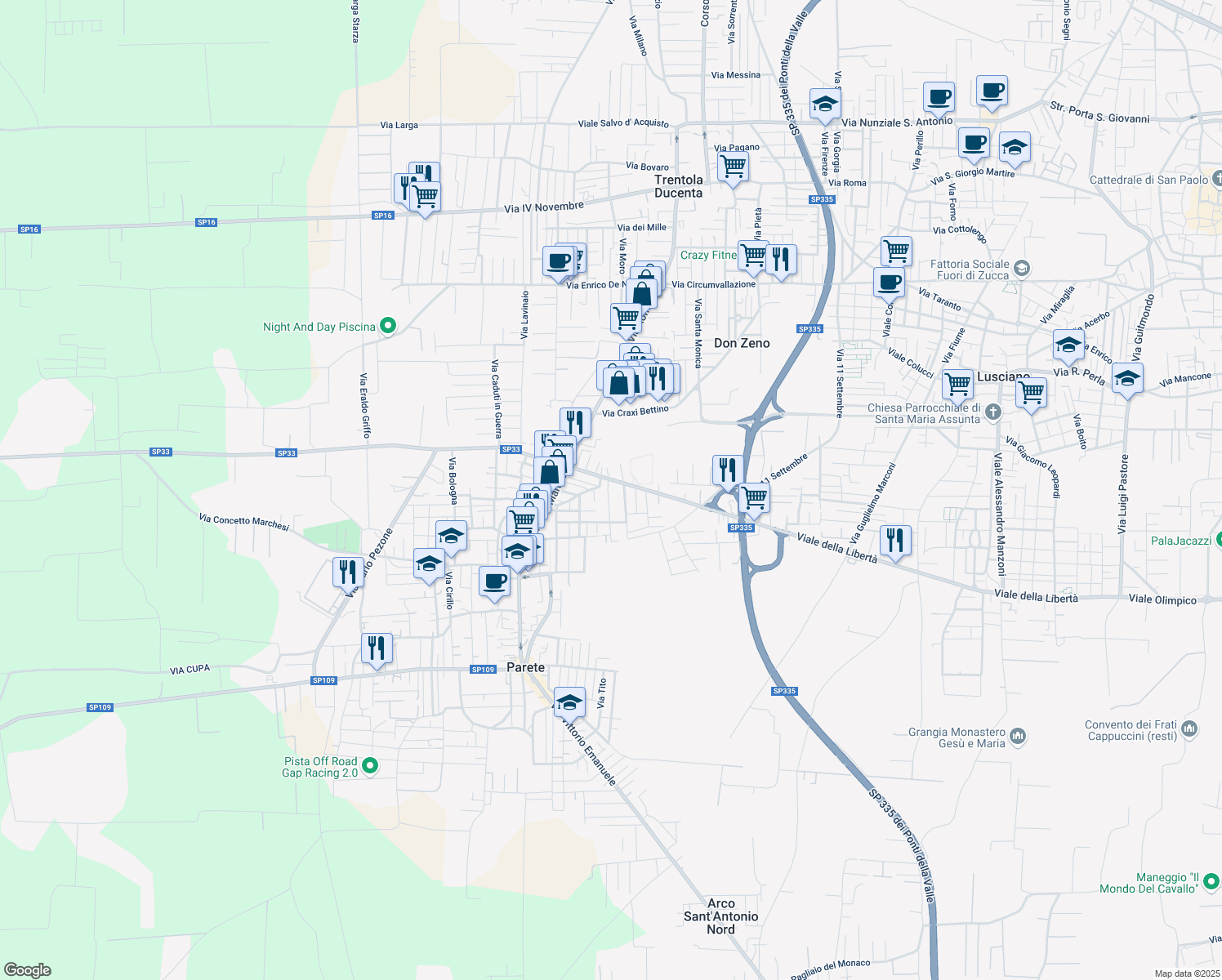 map of restaurants, bars, coffee shops, grocery stores, and more near 7 Viale della Libertà in Parete