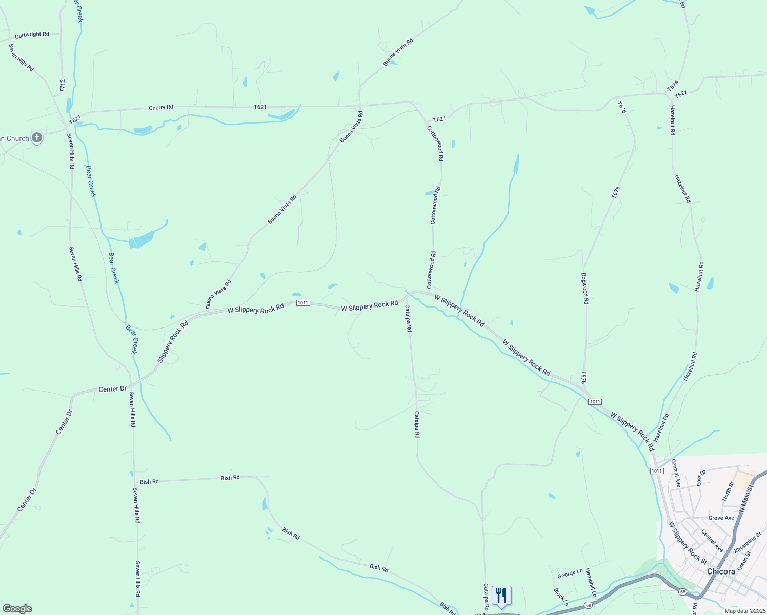 map of restaurants, bars, coffee shops, grocery stores, and more near 622 West Slippery Rock Road in Chicora