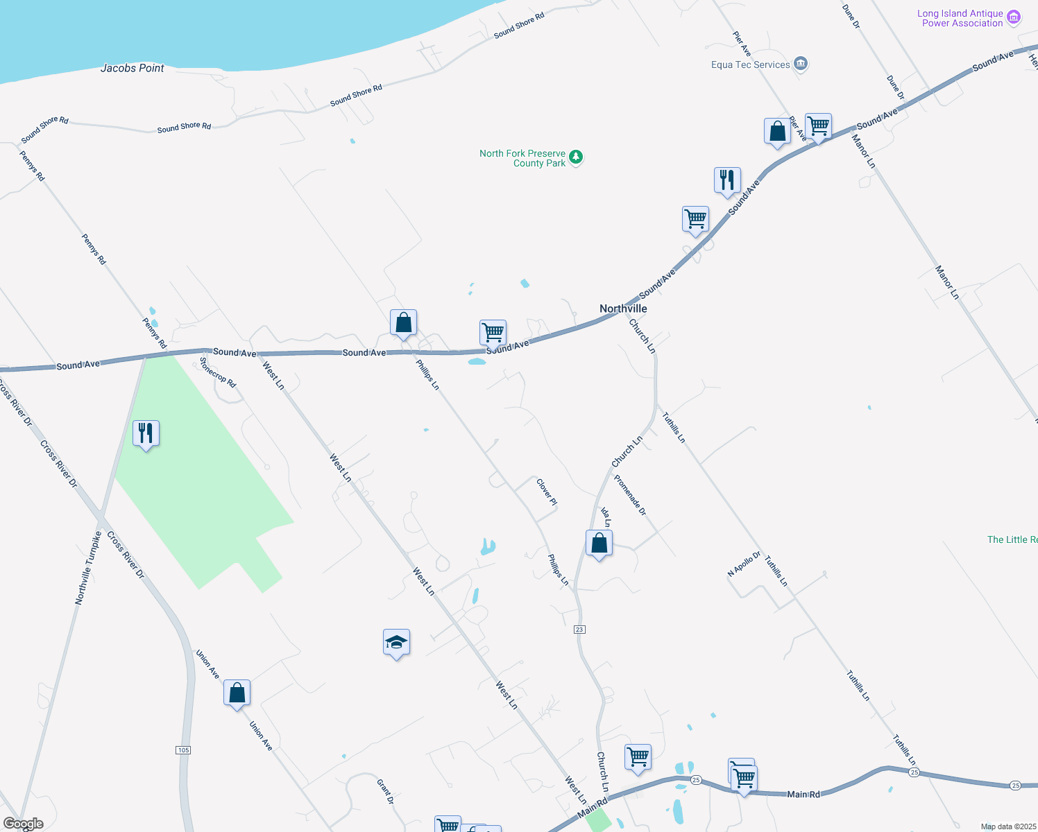 map of restaurants, bars, coffee shops, grocery stores, and more near 165 Vineyard Way in Aquebogue