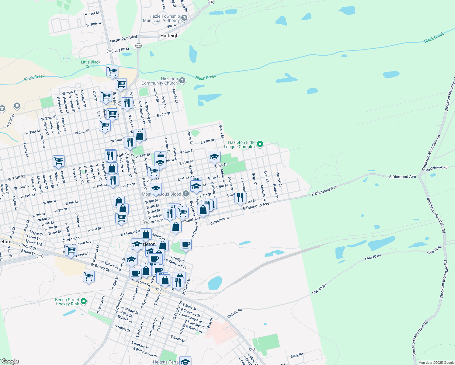 map of restaurants, bars, coffee shops, grocery stores, and more near 516 East 6th Street in Hazleton
