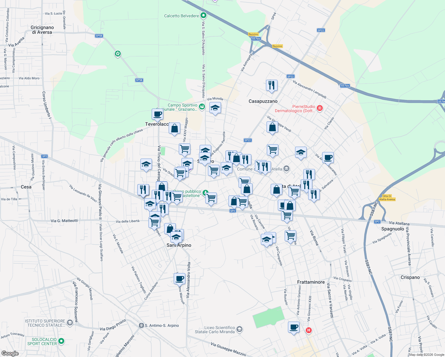 map of restaurants, bars, coffee shops, grocery stores, and more near 37 Via Cesare Augusto in Succivo