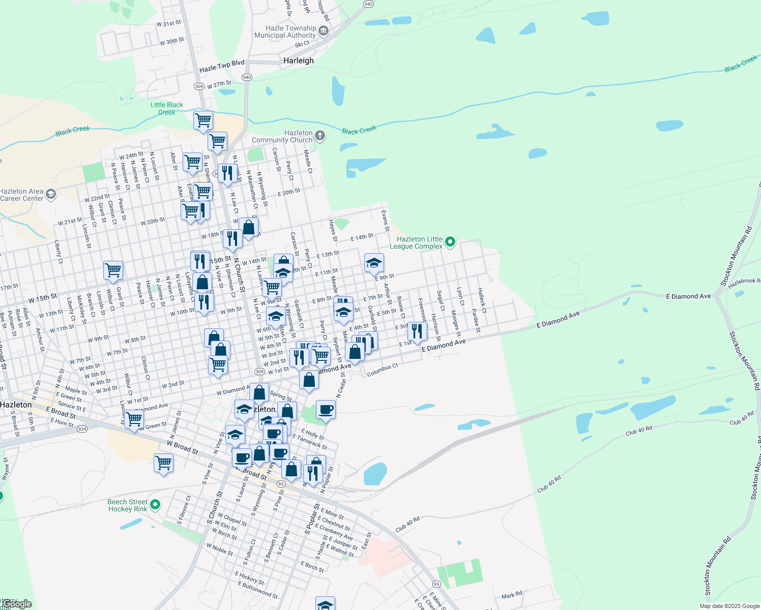 map of restaurants, bars, coffee shops, grocery stores, and more near 420 East 6th Street in Hazleton