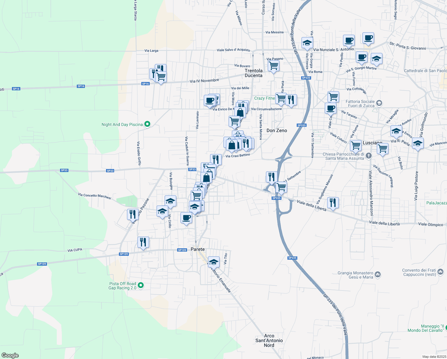 map of restaurants, bars, coffee shops, grocery stores, and more near 7 Viale della Libertà in Parete