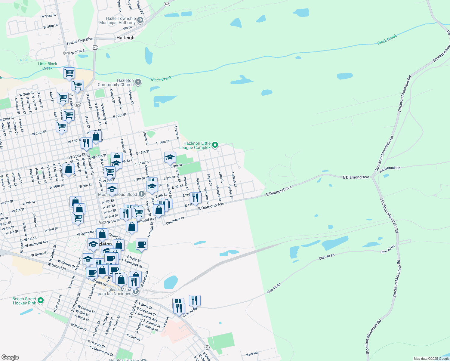 map of restaurants, bars, coffee shops, grocery stores, and more near 608 Pardee Street in Hazleton