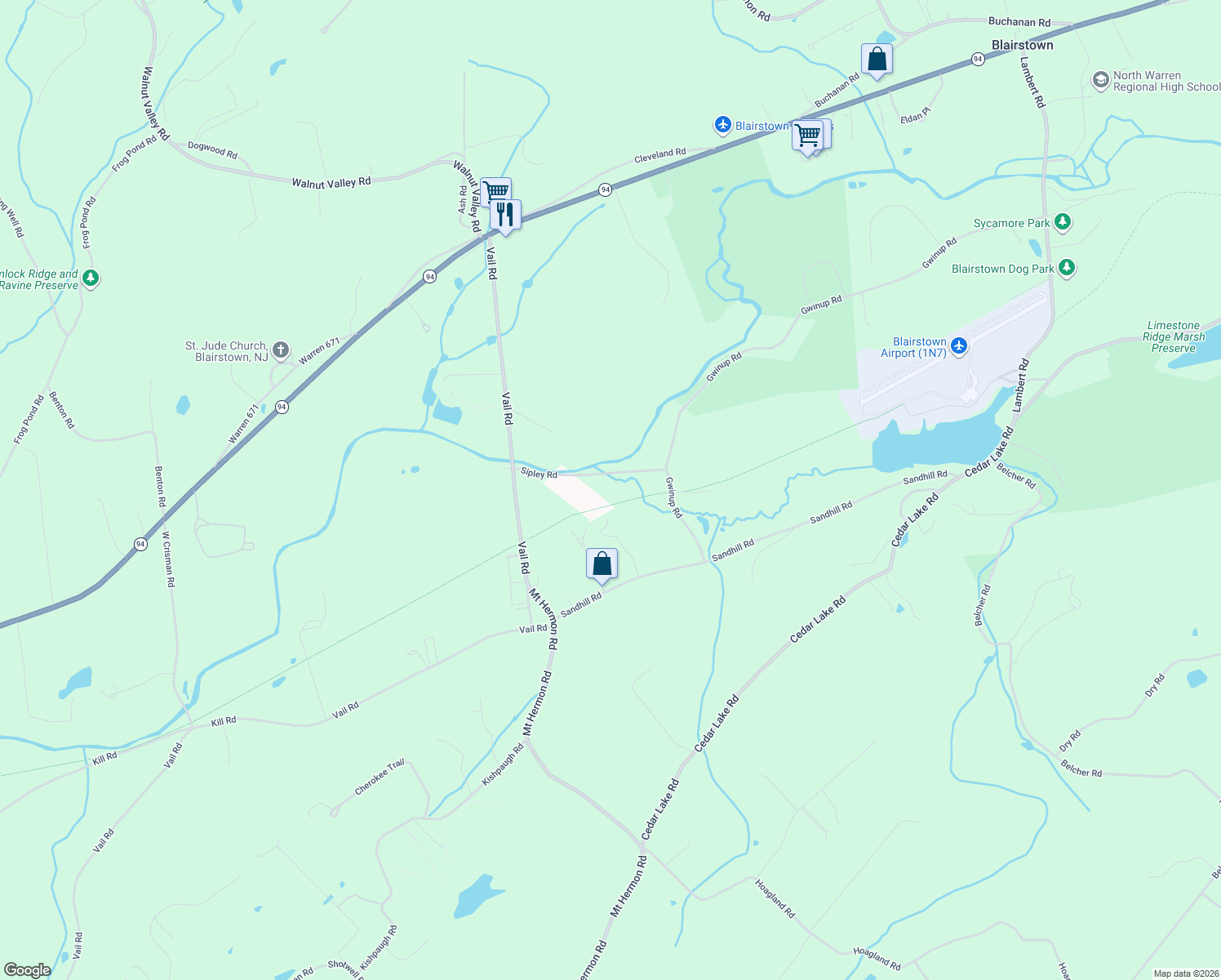 map of restaurants, bars, coffee shops, grocery stores, and more near 7 Sipley Road in Blairstown